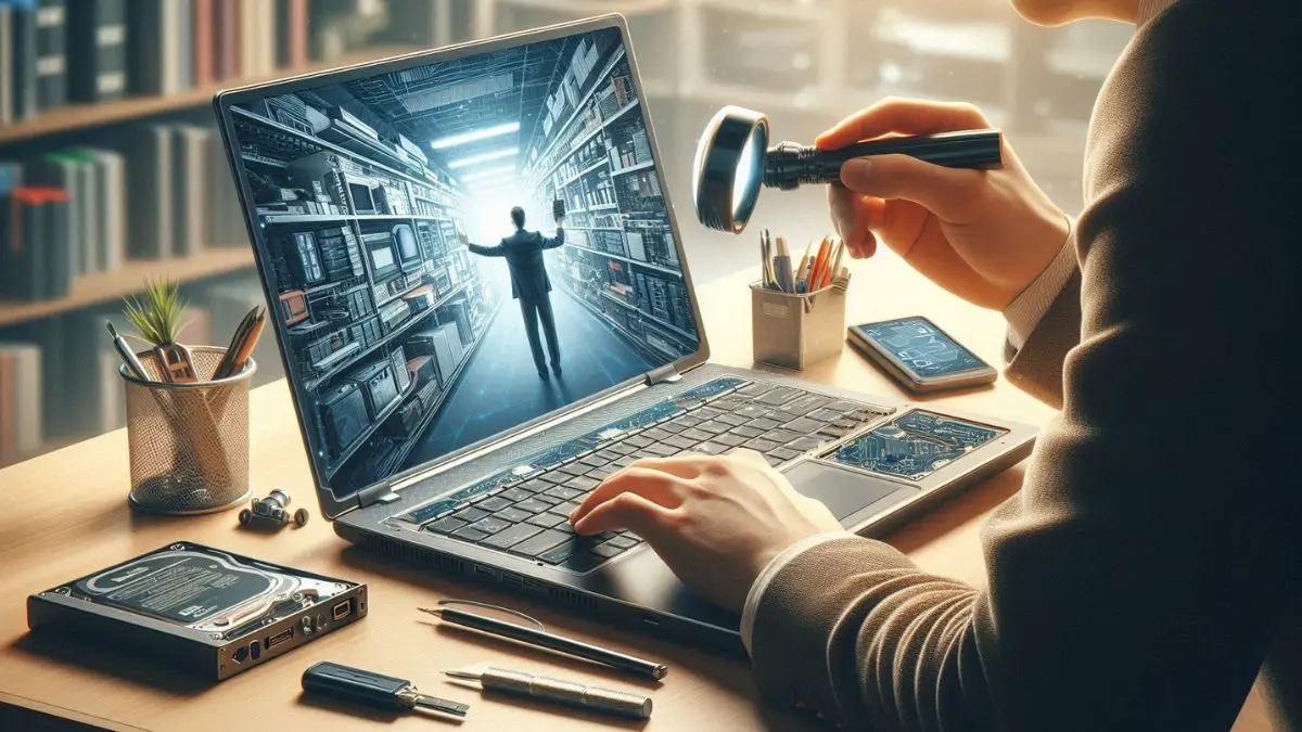 تصویر کار با لپ تاپ استوک روی میز